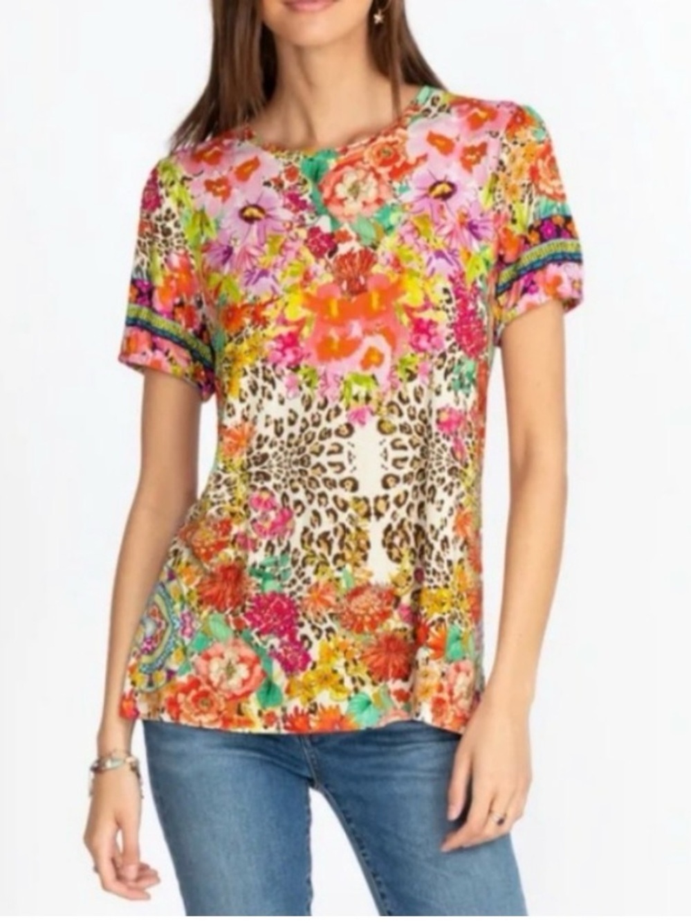 Johnny Was Bright Multicolor Floral & Leopard Short Sleeve Tee
